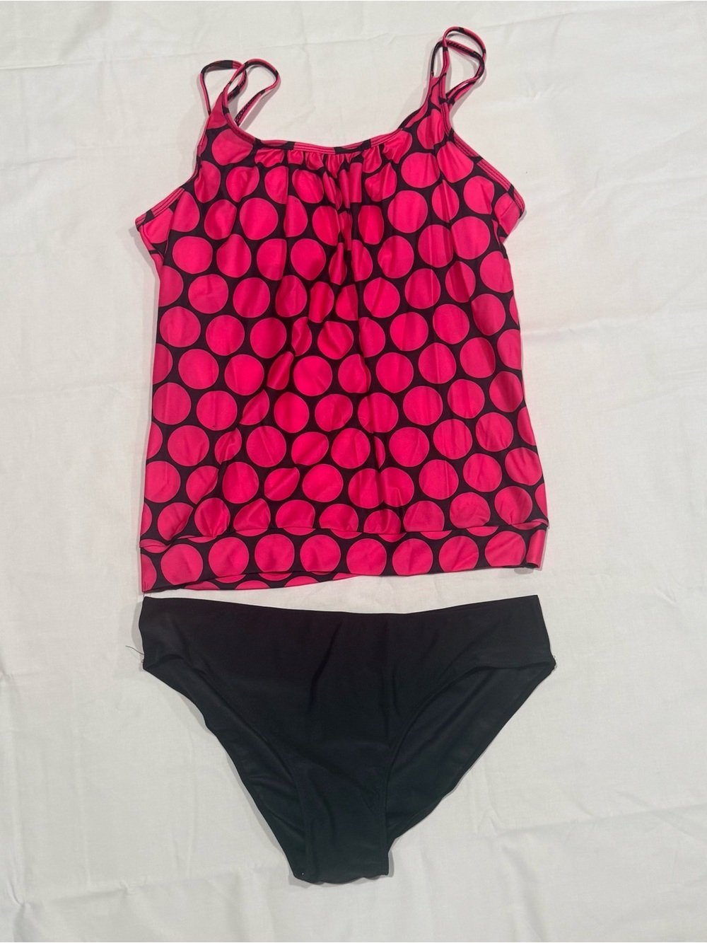Pink Polka Dot Tankini Top with Black Bikini Bottom
